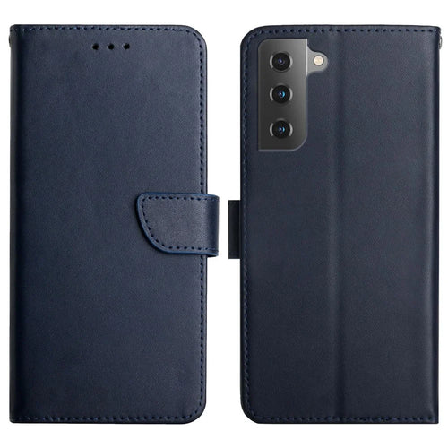 Nappa Texture Case Wallet Anti-drop Genuine Leather Protective Phone Cover Case with Stand for Samsung Galaxy S22 5G - Blue - 1
