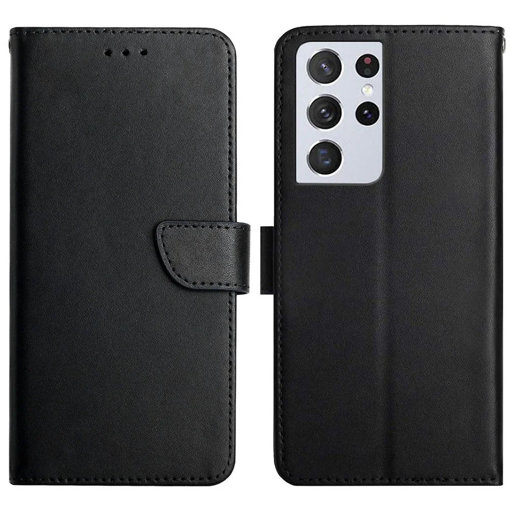 Solid Color Nappa Texture Protective Case Magnetic Closure Wallet Folio Flip Genuine Leather Phone Cover with Stand for Samsung Galaxy S21 Ultra 5G - Black - 1