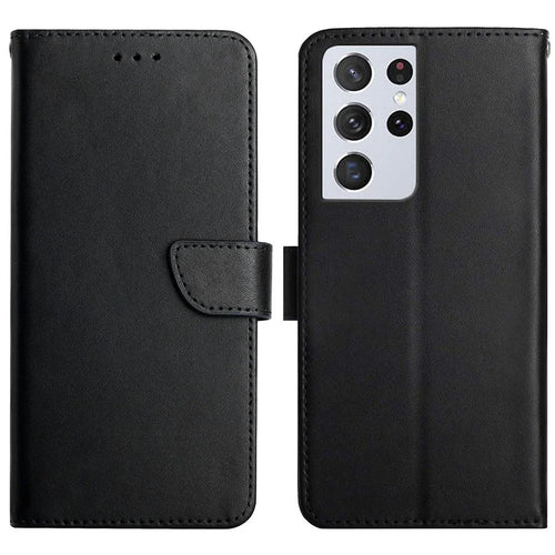 Solid Color Nappa Texture Protective Case Magnetic Closure Wallet Folio Flip Genuine Leather Phone Cover with Stand for Samsung Galaxy S21 Ultra 5G - Black - 1