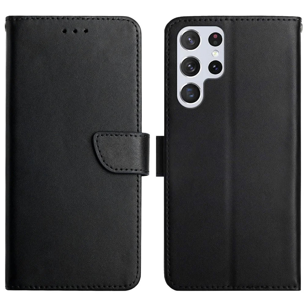 Nappa Texture Genuine Leather Shell Case Solid Color Stand Wallet Phone Cover for Samsung Galaxy S22 Ultra 5G - Black - 1