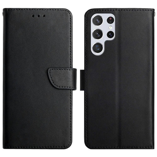 Nappa Texture Genuine Leather Shell Case Solid Color Stand Wallet Phone Cover for Samsung Galaxy S22 Ultra 5G - Black - 1