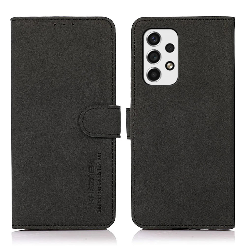 KHAZNEH Dual-sided Magnetic Clasp Textured PU Leather Phone Case Shell with Stand Wallet for Samsung Galaxy A53 5G - Black - 1