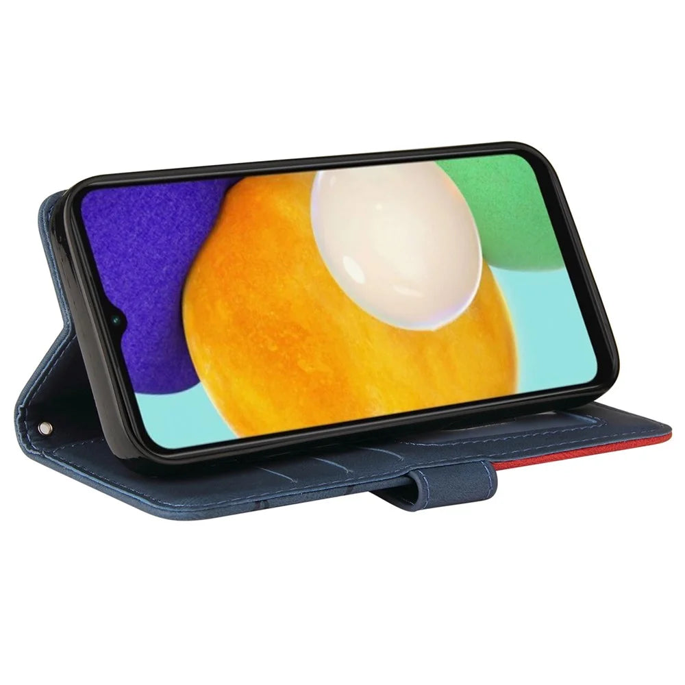For Samsung Galaxy A13 5G / A04s 4G (164.7mm) Leather Case Wallet Stand Color Splicing Phone Cover - Blue - 5