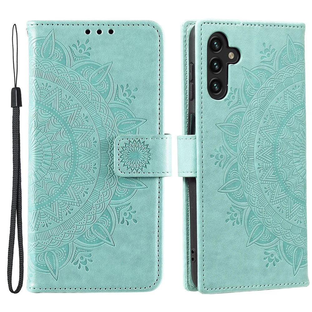 PU Leather Totem Mandala Imprint Wallet Case Stand Cover with Strap for Samsung Galaxy A13 5G / A04s 4G (164.7mm) - Green - 1
