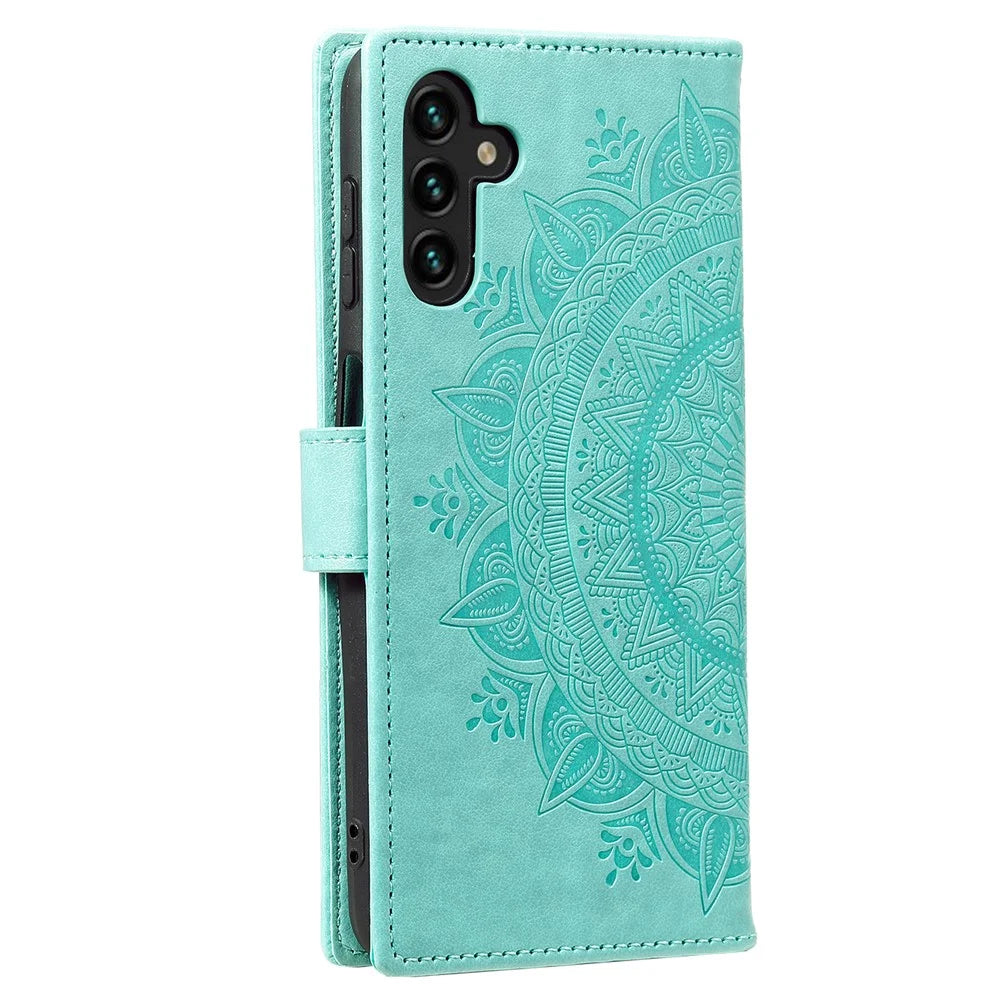 PU Leather Totem Mandala Imprint Wallet Case Stand Cover with Strap for Samsung Galaxy A13 5G / A04s 4G (164.7mm) - Green - 4