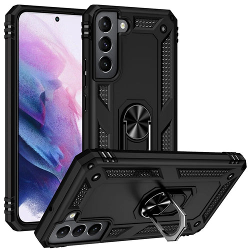 Shockproof Ring Holder Kickstand Design PC + TPU + Metal Hybrid Phone Cover Shell for Samsung Galaxy S22 5G 5G - Black - 1