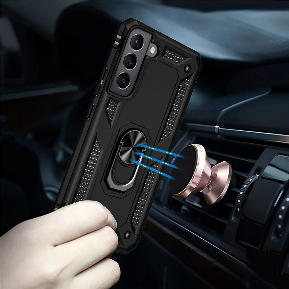 Shockproof Ring Holder Kickstand Design PC + TPU + Metal Hybrid Phone Cover Shell for Samsung Galaxy S22 5G 5G - Black - 5