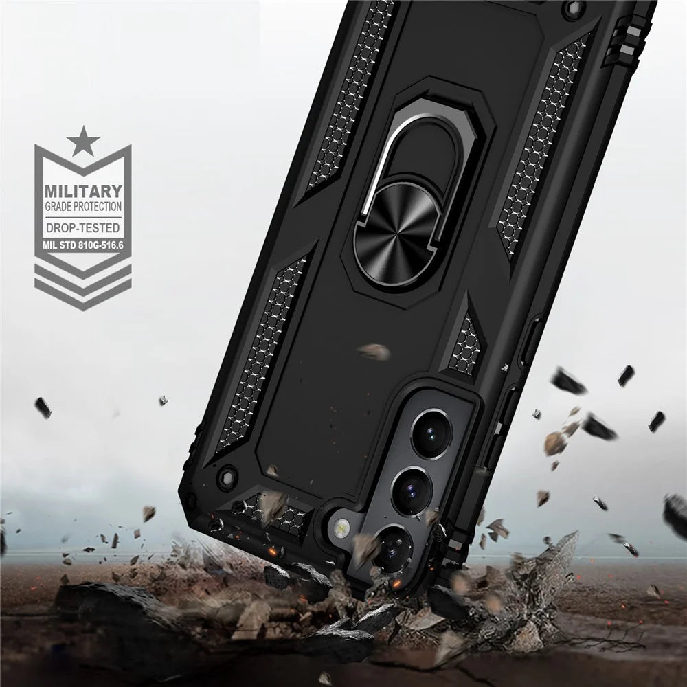 Shockproof Ring Holder Kickstand Design PC + TPU + Metal Hybrid Phone Cover Shell for Samsung Galaxy S22 5G 5G - Black - 6