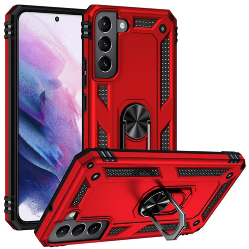 Hard Anti-scratch Phone Shell Ring Holder Kickstand Design PC + TPU + Metal Hybrid Phone Cover for Samsung Galaxy S22+ 5G - Red - 1