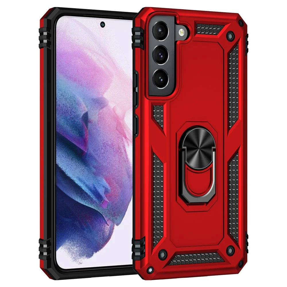 Hard Anti-scratch Phone Shell Ring Holder Kickstand Design PC + TPU + Metal Hybrid Phone Cover for Samsung Galaxy S22+ 5G - Red - 2