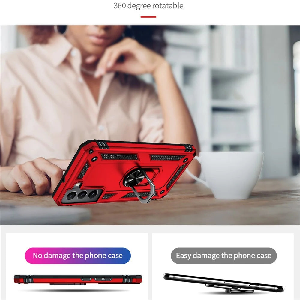 Hard Anti-scratch Phone Shell Ring Holder Kickstand Design PC + TPU + Metal Hybrid Phone Cover for Samsung Galaxy S22+ 5G - Red - 3