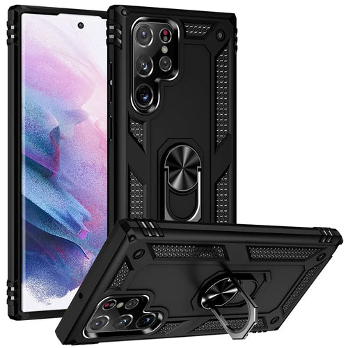 Supporting Kickstand Design Phone Back Case Ring Holder PC + TPU + Metal Hybrid Phone Cover Shell for Samsung Galaxy S22 Ultra 5G - Black - 1
