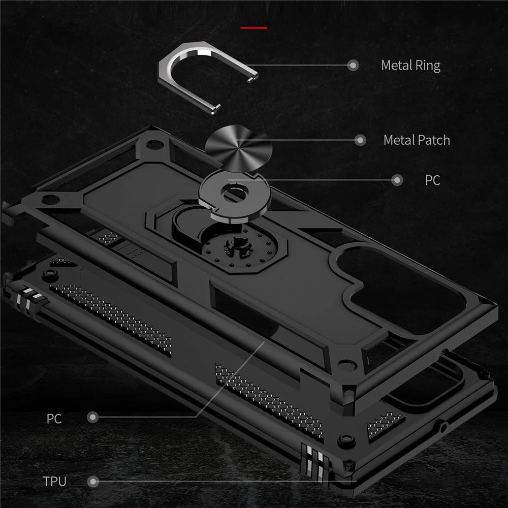 Supporting Kickstand Design Phone Back Case Ring Holder PC + TPU + Metal Hybrid Phone Cover Shell for Samsung Galaxy S22 Ultra 5G - Black - 4