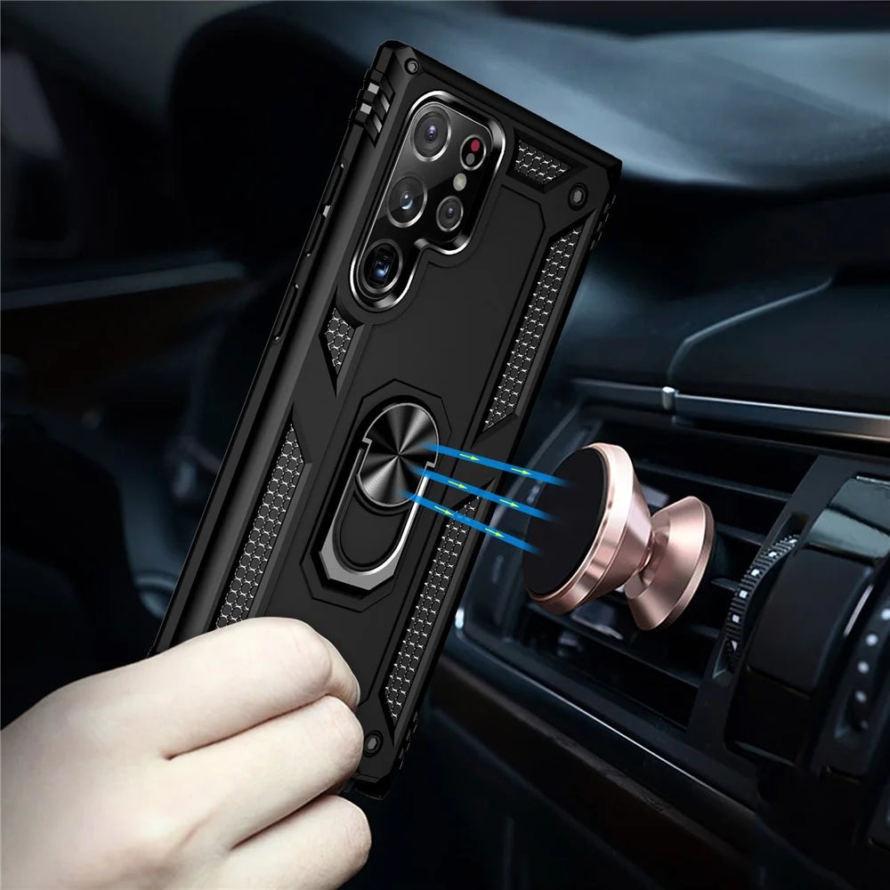 Supporting Kickstand Design Phone Back Case Ring Holder PC + TPU + Metal Hybrid Phone Cover Shell for Samsung Galaxy S22 Ultra 5G - Black - 5