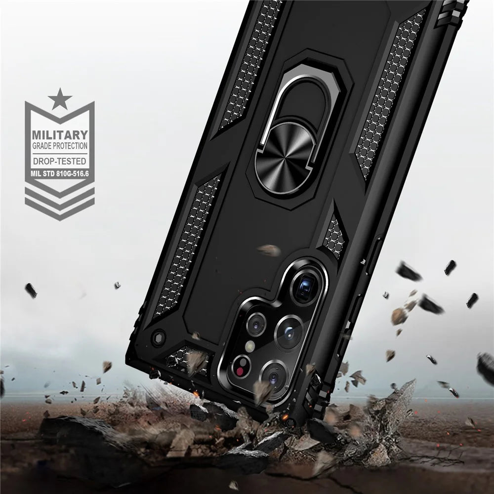 Supporting Kickstand Design Phone Back Case Ring Holder PC + TPU + Metal Hybrid Phone Cover Shell for Samsung Galaxy S22 Ultra 5G - Black - 6
