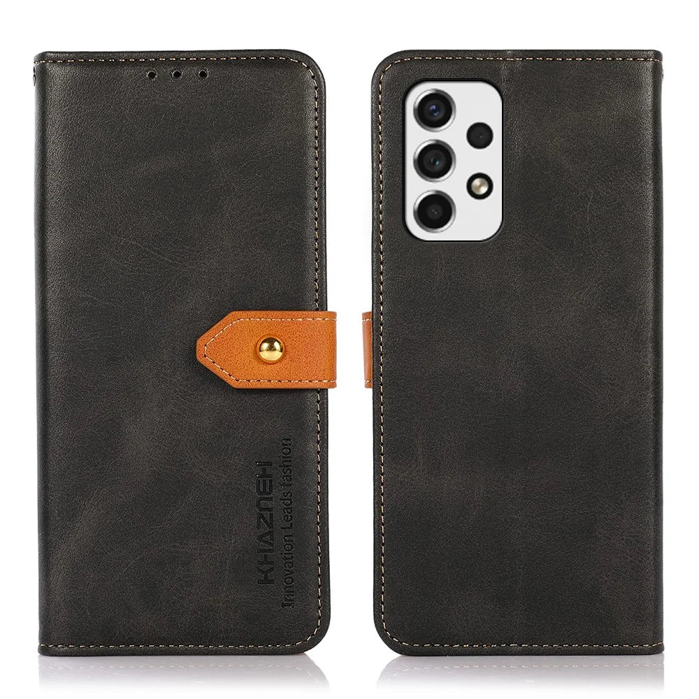 KHAZNEH PU Leather Adjustable Stand Cover Scratch-resistant Magnetic Golden Clasp Flip Case with Wallet for Samsung Galaxy A53 5G - Black - 1
