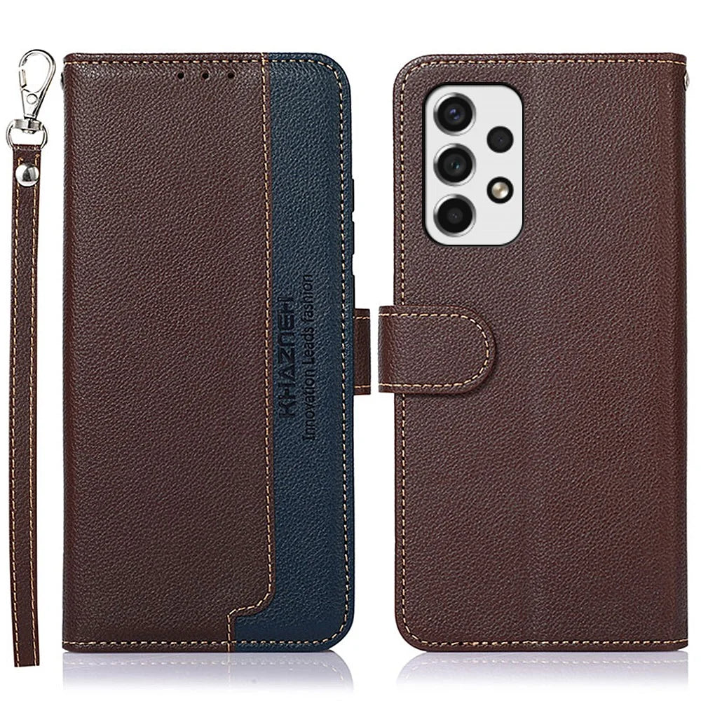 KHAZNEH RFID Blocking Litchi Texture PU Leather Cover Stand Wallet Magnetic Closure Cover for Samsung Galaxy A53 5G - Brown - 1