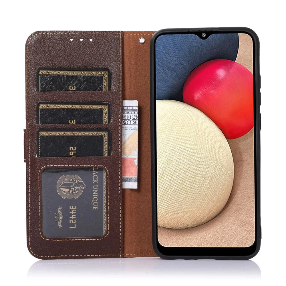 KHAZNEH RFID Blocking Litchi Texture PU Leather Cover Stand Wallet Magnetic Closure Cover for Samsung Galaxy A53 5G - Brown - 4