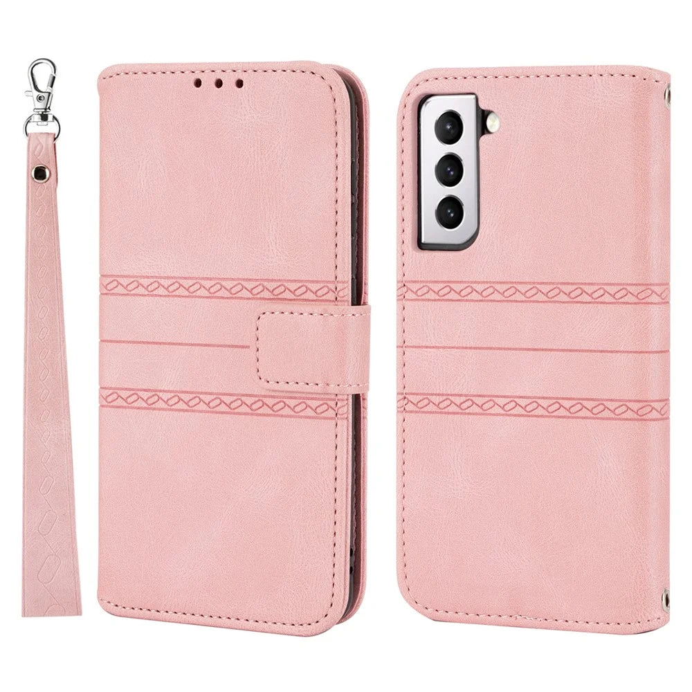 Skin-touch Feeling Surface PU Leather and TPU Imprinted Pattern Wallet Phone Case Cover with Stand for Samsung Galaxy S22 5G - Pink - 1