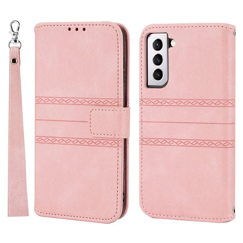 Skin-touch Feeling Surface PU Leather and TPU Imprinted Pattern Wallet Phone Case Cover with Stand for Samsung Galaxy S22 5G - Pink - 1