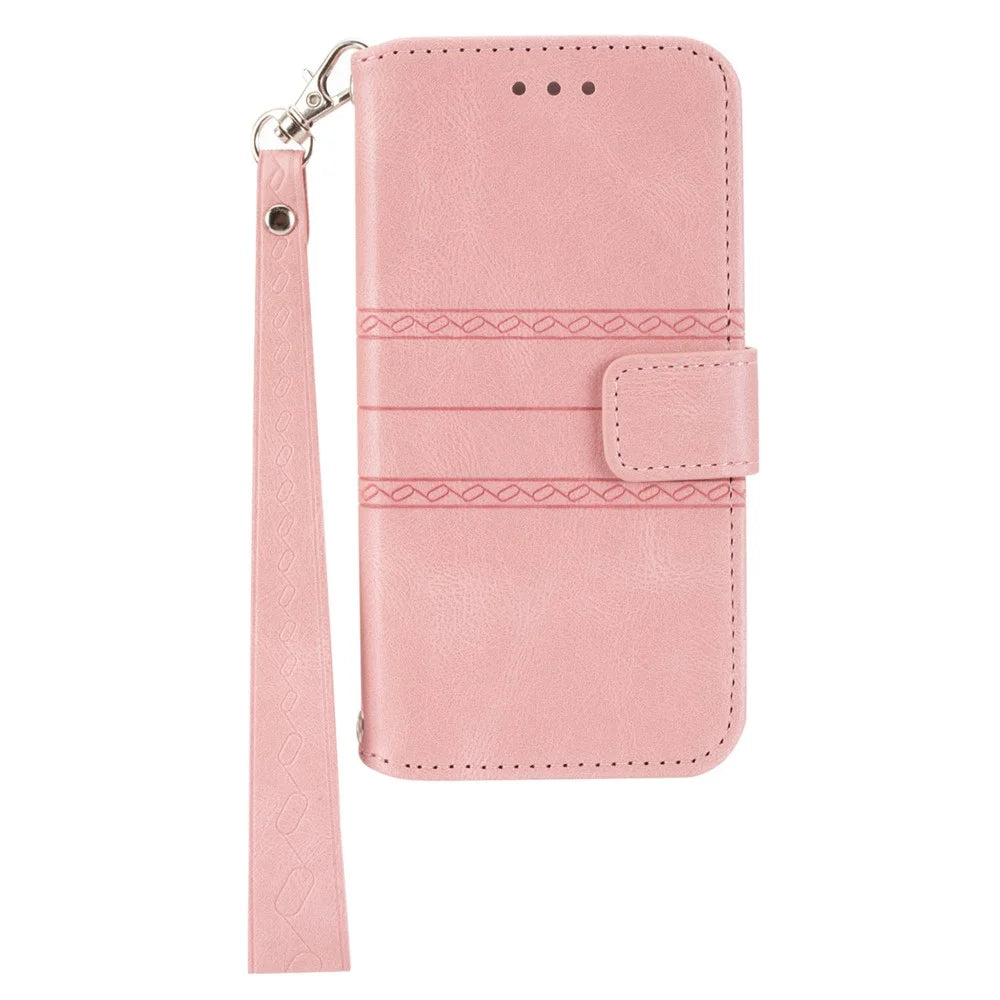 Skin-touch Feeling Surface PU Leather and TPU Imprinted Pattern Wallet Phone Case Cover with Stand for Samsung Galaxy S22 5G - Pink - 2