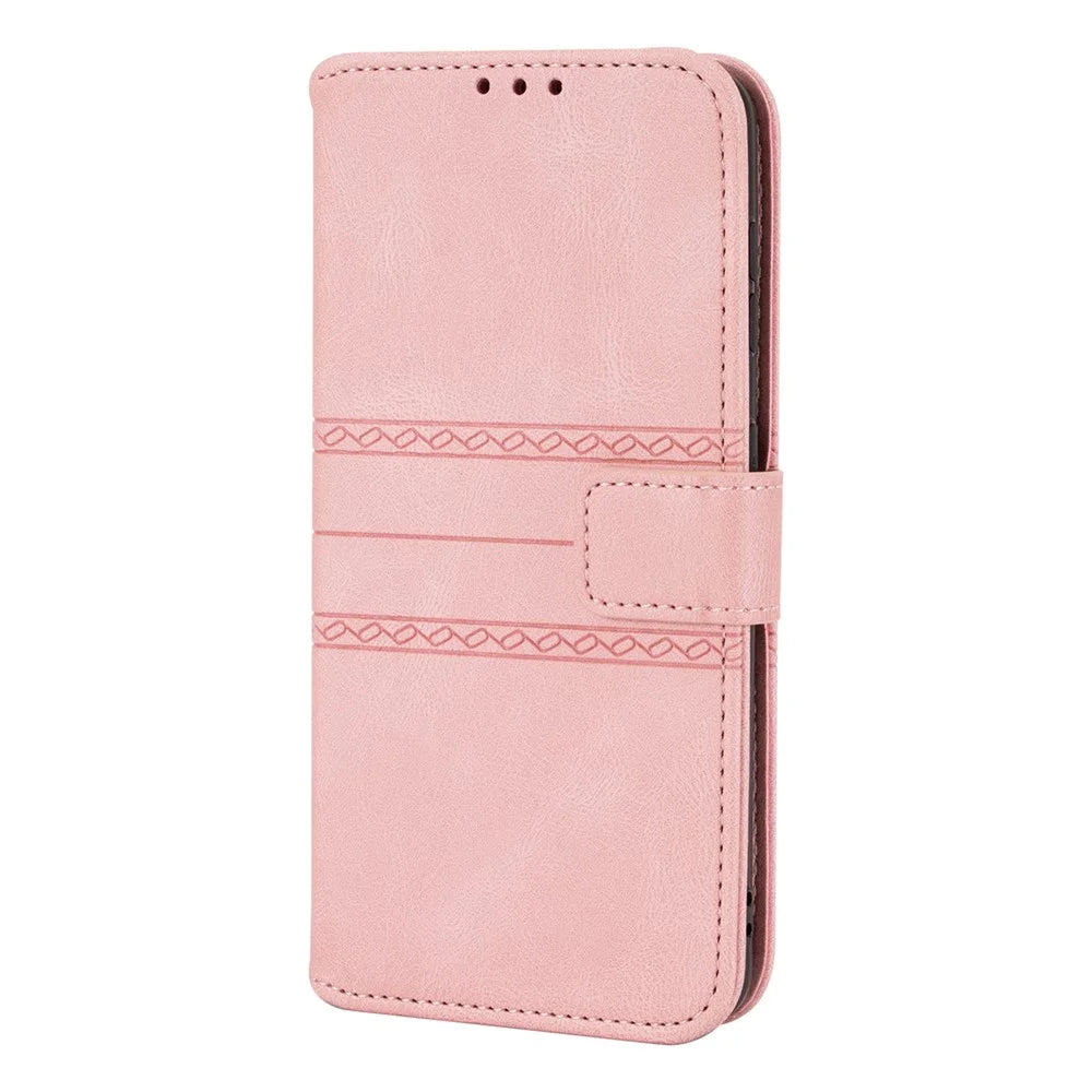 Skin-touch Feeling Surface PU Leather and TPU Imprinted Pattern Wallet Phone Case Cover with Stand for Samsung Galaxy S22 5G - Pink - 3