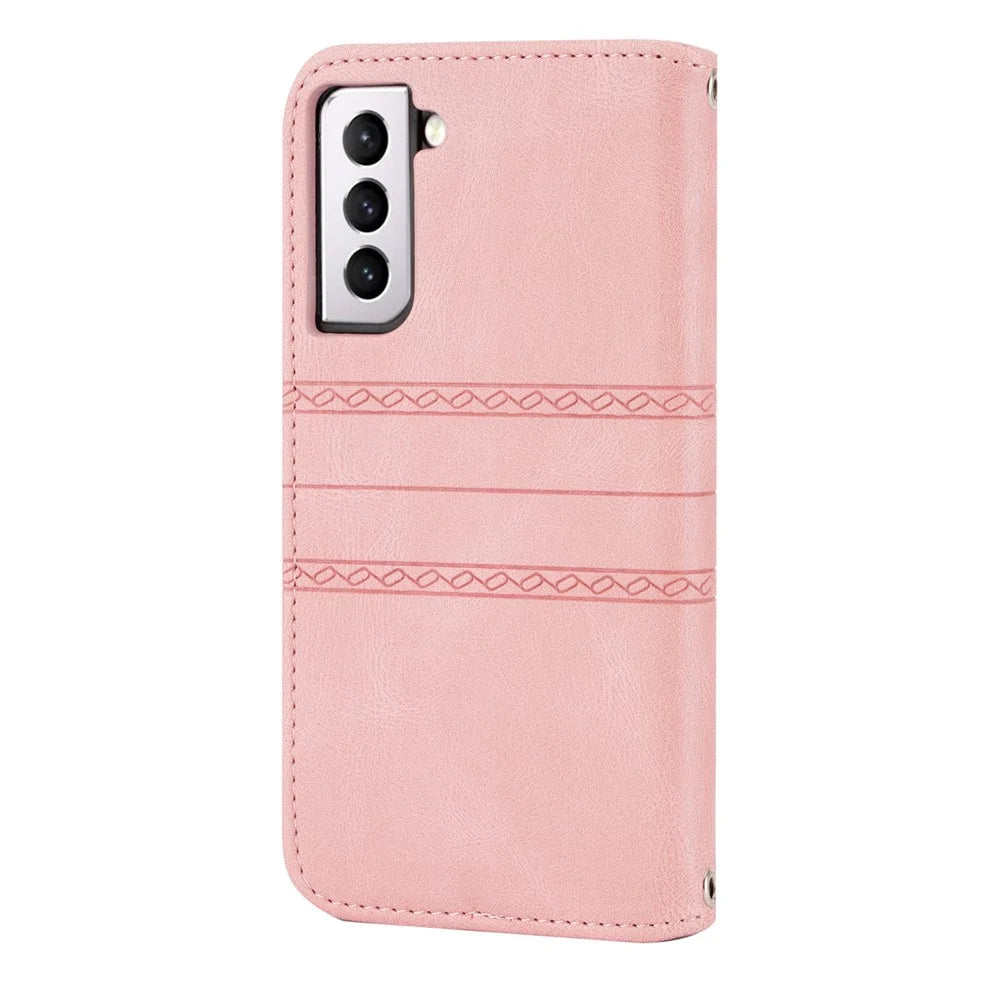 Skin-touch Feeling Surface PU Leather and TPU Imprinted Pattern Wallet Phone Case Cover with Stand for Samsung Galaxy S22 5G - Pink - 4