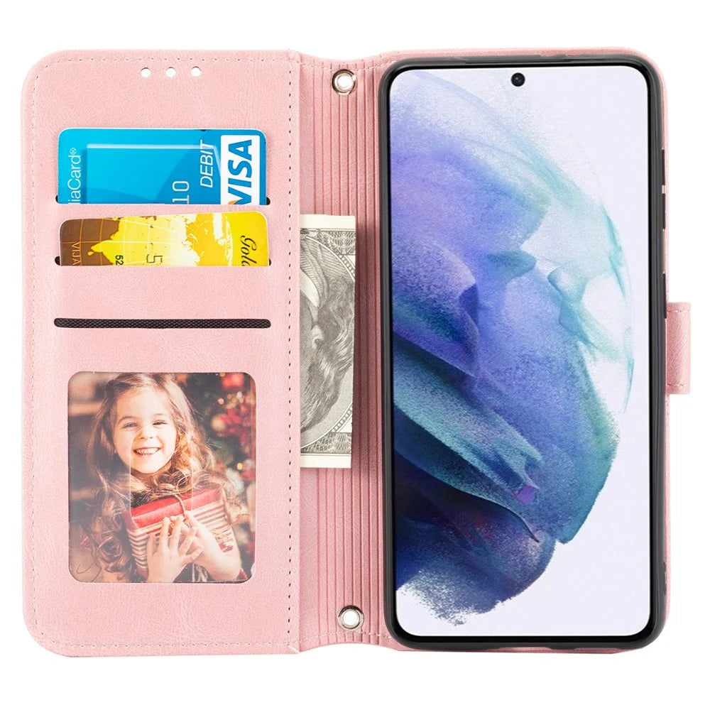 Skin-touch Feeling Surface PU Leather and TPU Imprinted Pattern Wallet Phone Case Cover with Stand for Samsung Galaxy S22 5G - Pink - 5