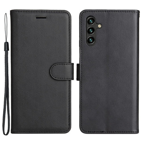 For Samsung Galaxy A13 5G / A04s 4G (164.7mm) Case Solid Color Leather Mobile Cover Wallet Stand with Strap - Black - 1