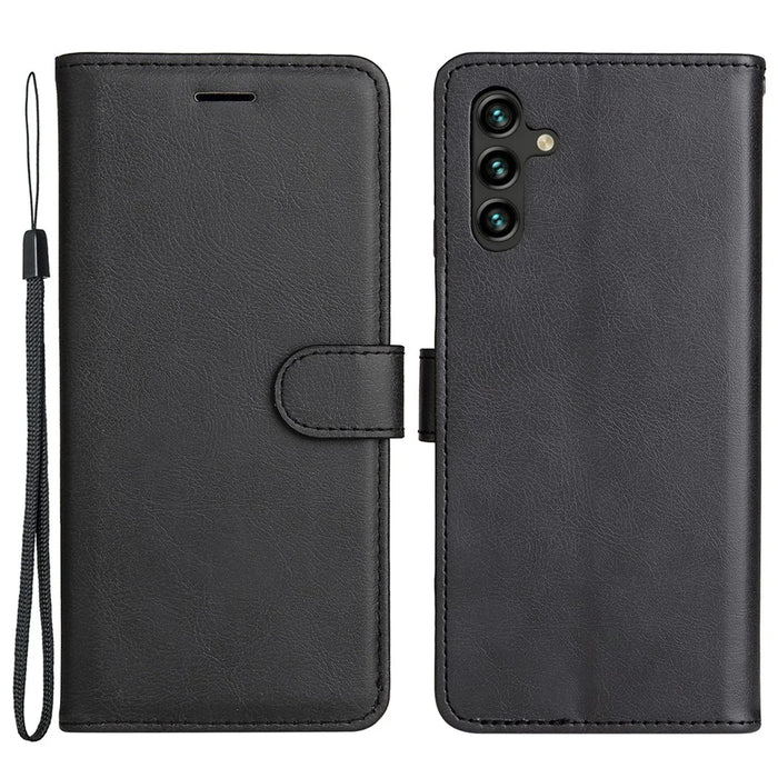 For Samsung Galaxy A13 5G / A04s 4G (164.7mm) Case Solid Color Leather Mobile Cover Wallet Stand with Strap - Black - 1