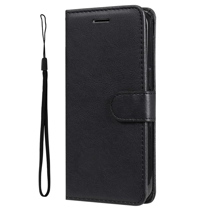 For Samsung Galaxy A13 5G / A04s 4G (164.7mm) Case Solid Color Leather Mobile Cover Wallet Stand with Strap - Black - 2