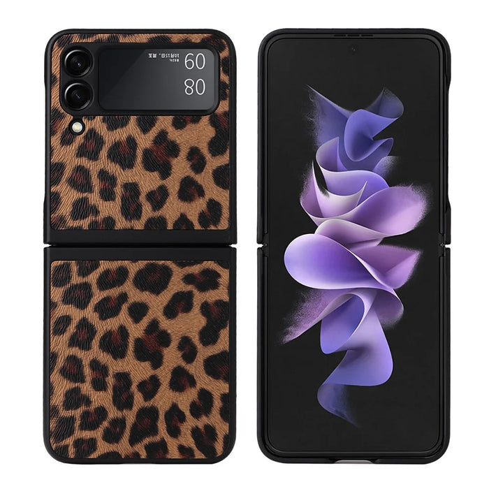 Textured Surface PU Leather Coated Hard PC Protective Phone Case Cover for Samsung Galaxy Z Flip3 5G - Leopard - 1
