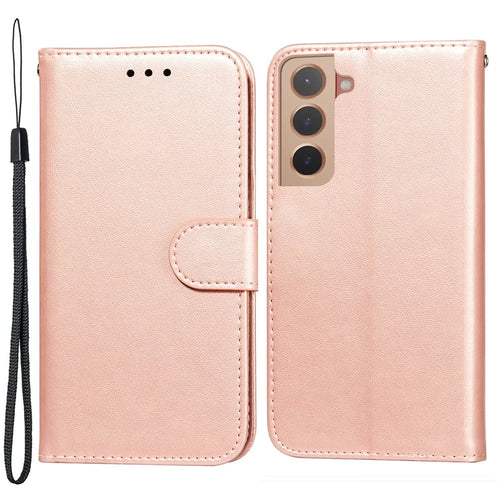 Anti-scratch Phone Covering TPU+PU Leather Wallet Stand Flip Smart Phone Case for Samsung Galaxy S22 5G - Rose Gold - 1