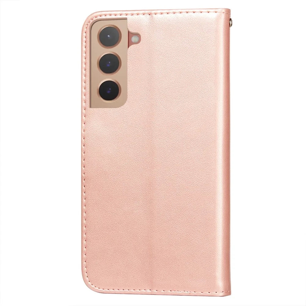 Anti-scratch Phone Covering TPU+PU Leather Wallet Stand Flip Smart Phone Case for Samsung Galaxy S22 5G - Rose Gold - 3
