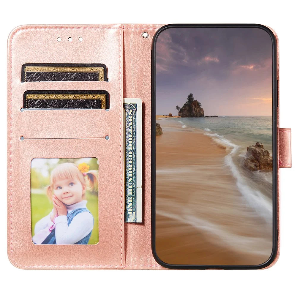 Anti-scratch Phone Covering TPU+PU Leather Wallet Stand Flip Smart Phone Case for Samsung Galaxy S22 5G - Rose Gold - 4
