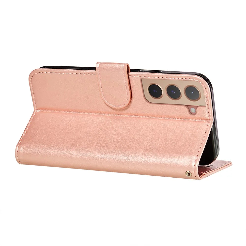 Anti-scratch Phone Covering TPU+PU Leather Wallet Stand Flip Smart Phone Case for Samsung Galaxy S22 5G - Rose Gold - 6