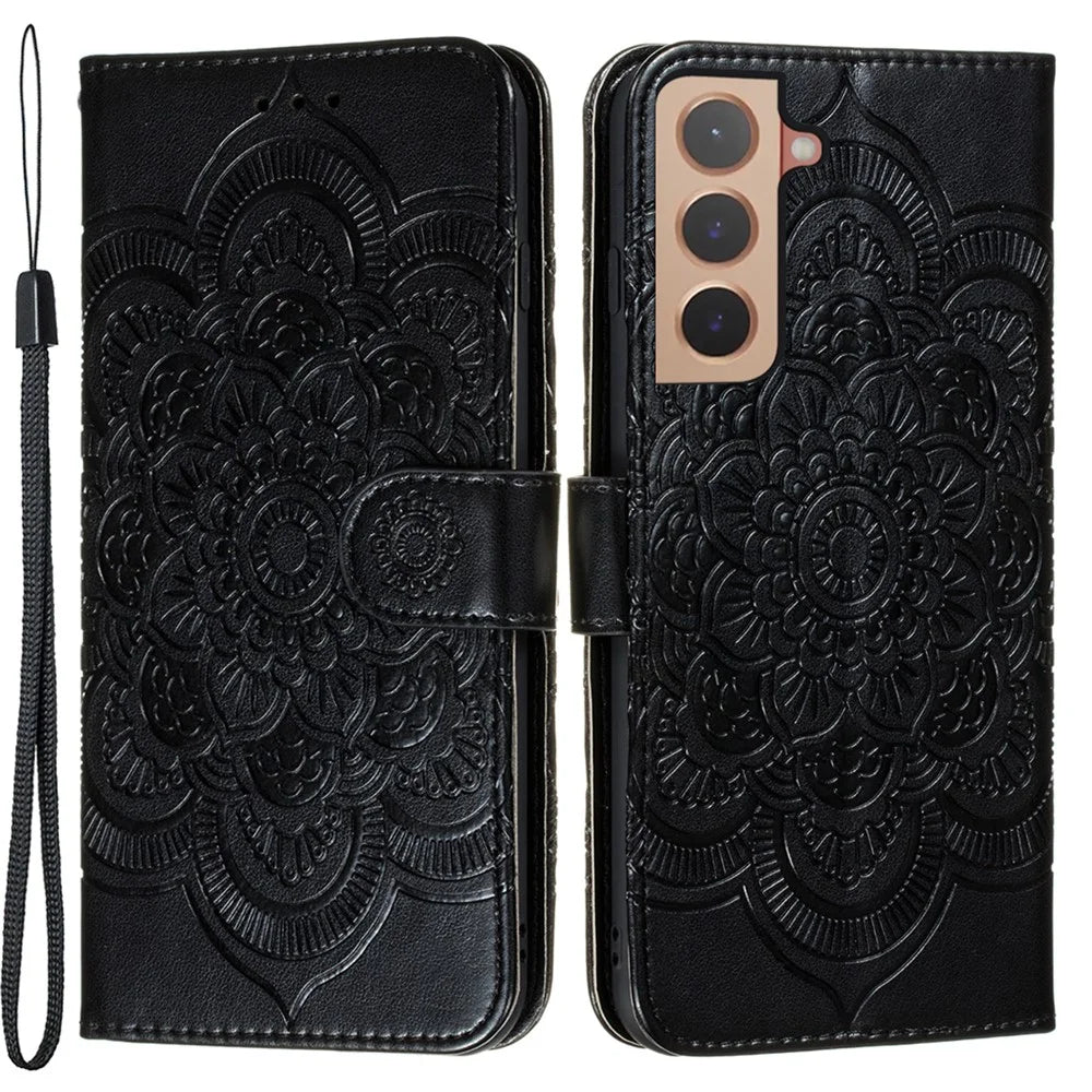 Stand Feature PU Leather Flip Imprinting Mandala Flower Wallet Phone Case with Strap for Samsung Galaxy S22+ 5G - Black - 1