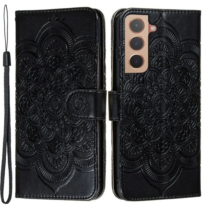 Stand Feature PU Leather Flip Imprinting Mandala Flower Wallet Phone Case with Strap for Samsung Galaxy S22+ 5G - Black - 1