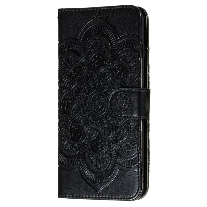 Stand Feature PU Leather Flip Imprinting Mandala Flower Wallet Phone Case with Strap for Samsung Galaxy S22+ 5G - Black - 2