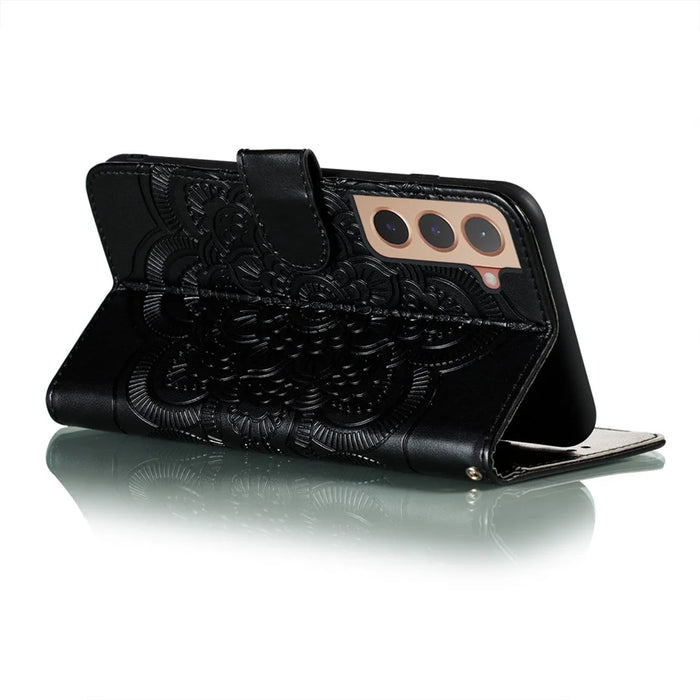 Stand Feature PU Leather Flip Imprinting Mandala Flower Wallet Phone Case with Strap for Samsung Galaxy S22+ 5G - Black - 5
