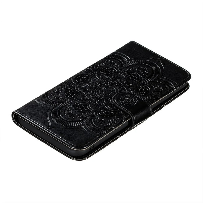 Stand Feature PU Leather Flip Imprinting Mandala Flower Wallet Phone Case with Strap for Samsung Galaxy S22+ 5G - Black - 7