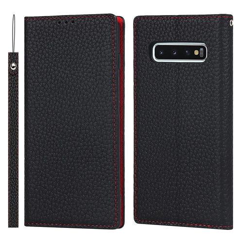 Litchi Skin Genuine Leather Phone Flip Cover Anti-scratch Standing Phone Case for Samsung Galaxy S10 - Black - 1