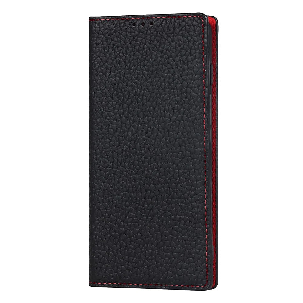 Litchi Skin Genuine Leather Phone Flip Cover Anti-scratch Standing Phone Case for Samsung Galaxy S10 - Black - 2