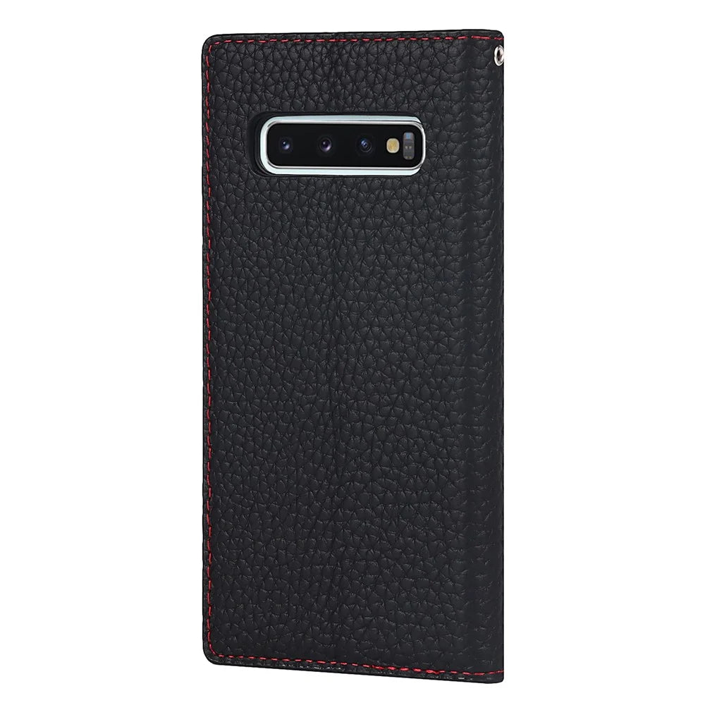 Litchi Skin Genuine Leather Phone Flip Cover Anti-scratch Standing Phone Case for Samsung Galaxy S10 - Black - 3