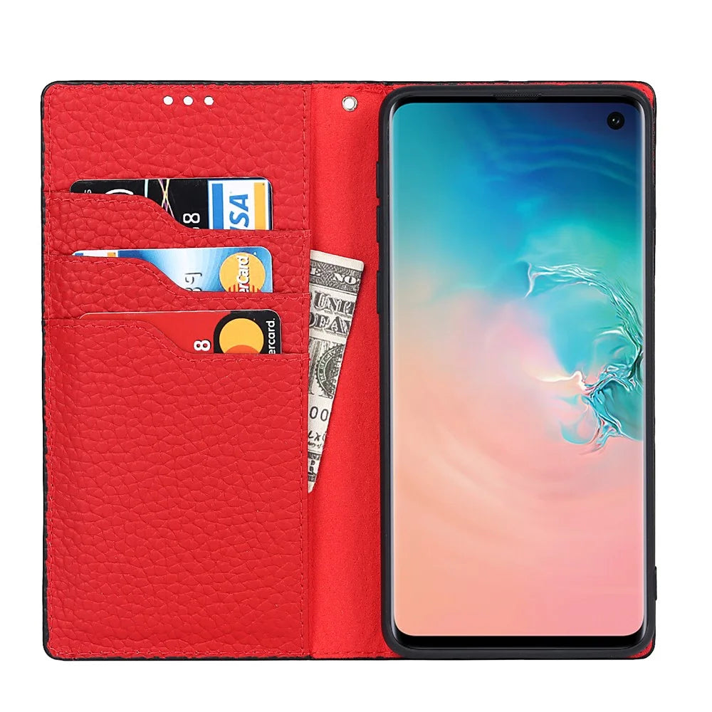 Litchi Skin Genuine Leather Phone Flip Cover Anti-scratch Standing Phone Case for Samsung Galaxy S10 - Black - 4