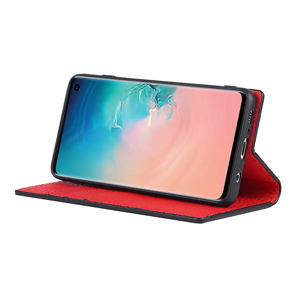 Litchi Skin Genuine Leather Phone Flip Cover Anti-scratch Standing Phone Case for Samsung Galaxy S10 - Black - 5