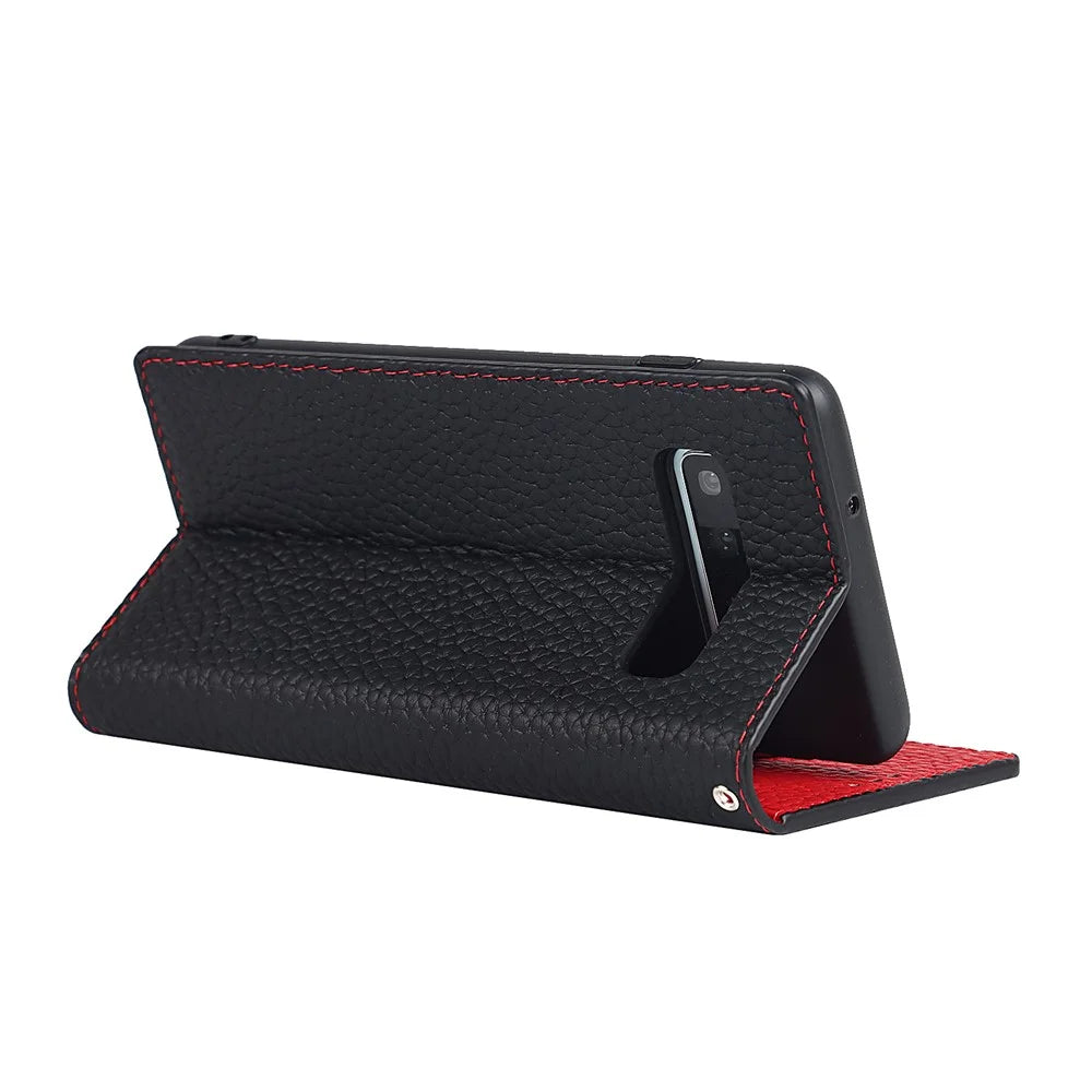 Litchi Skin Genuine Leather Phone Flip Cover Anti-scratch Standing Phone Case for Samsung Galaxy S10 - Black - 6