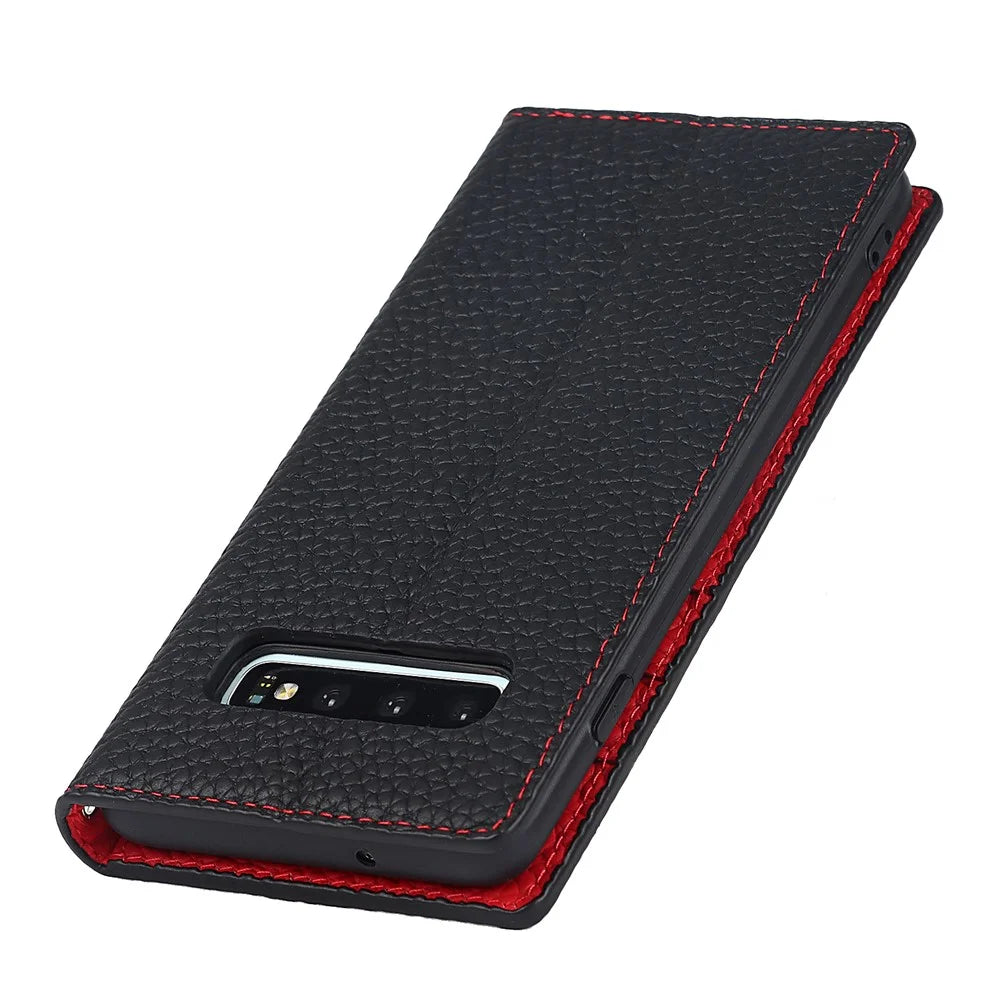Litchi Skin Genuine Leather Phone Flip Cover Anti-scratch Standing Phone Case for Samsung Galaxy S10 - Black - 7