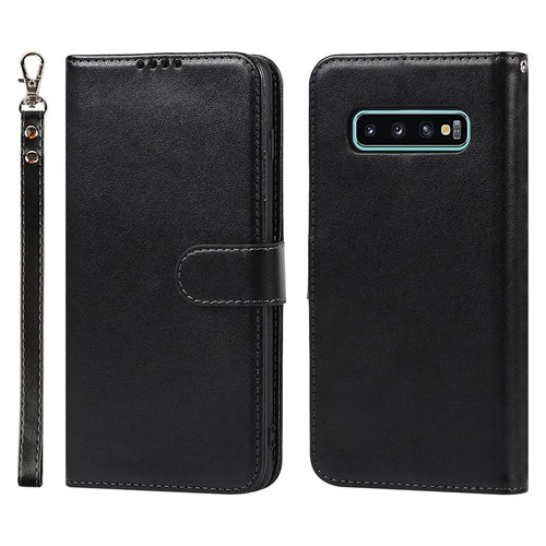 R61 Texture Felled Seam Phone Case Wrist Strap Anti-drop PU Leather Wallet Cover with Stand for Samsung Galaxy S10 - Black - 1