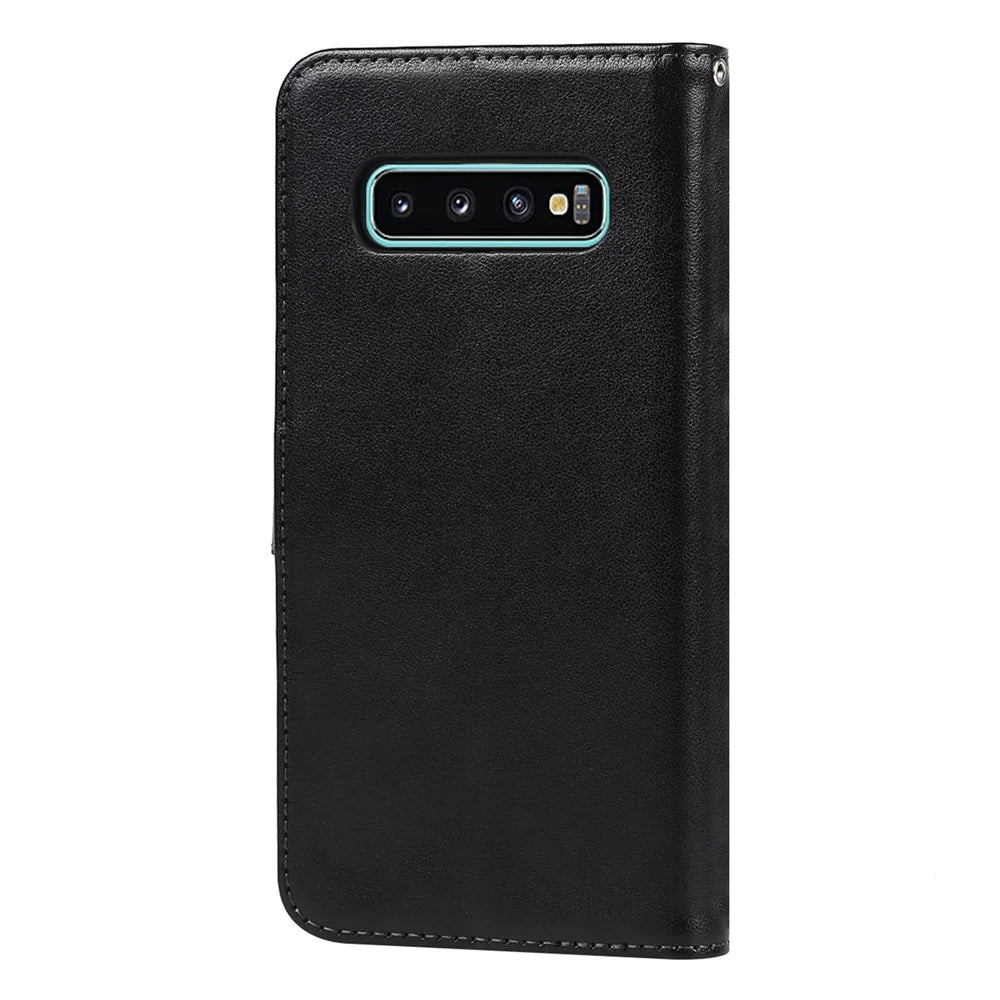 R61 Texture Felled Seam Phone Case Wrist Strap Anti-drop PU Leather Wallet Cover with Stand for Samsung Galaxy S10 - Black - 3